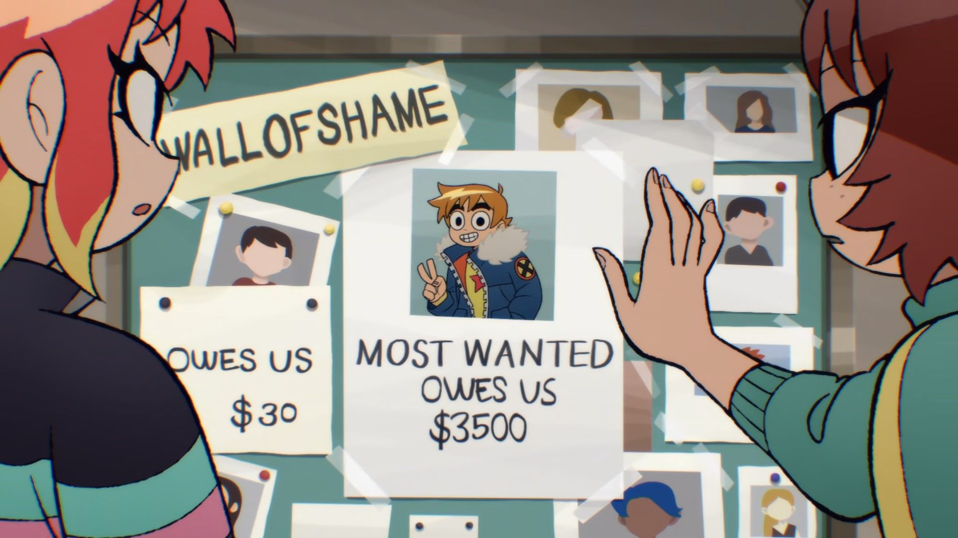Screenshot from Netflix anime Scott Pilgrim Takes Off shows Scott's Most Wanted poster at his local movie rental store that says he owes $3500 in late fees.