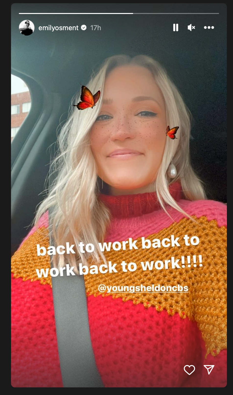 Emily Osment announcing that Young Sheldon is now in production
