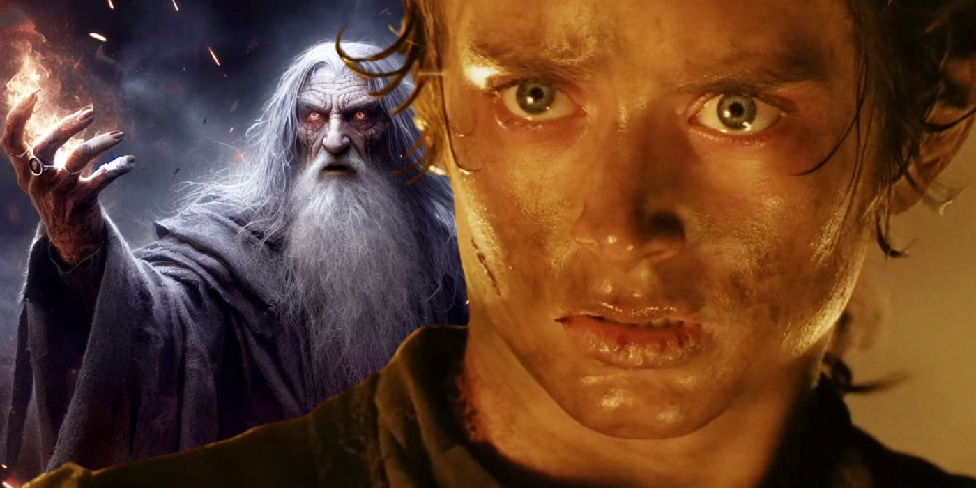 Custom image of Elijah Wood looking evil as Frodo in The Return of the King juxtaposed with an AI image of an evil Gandalf.