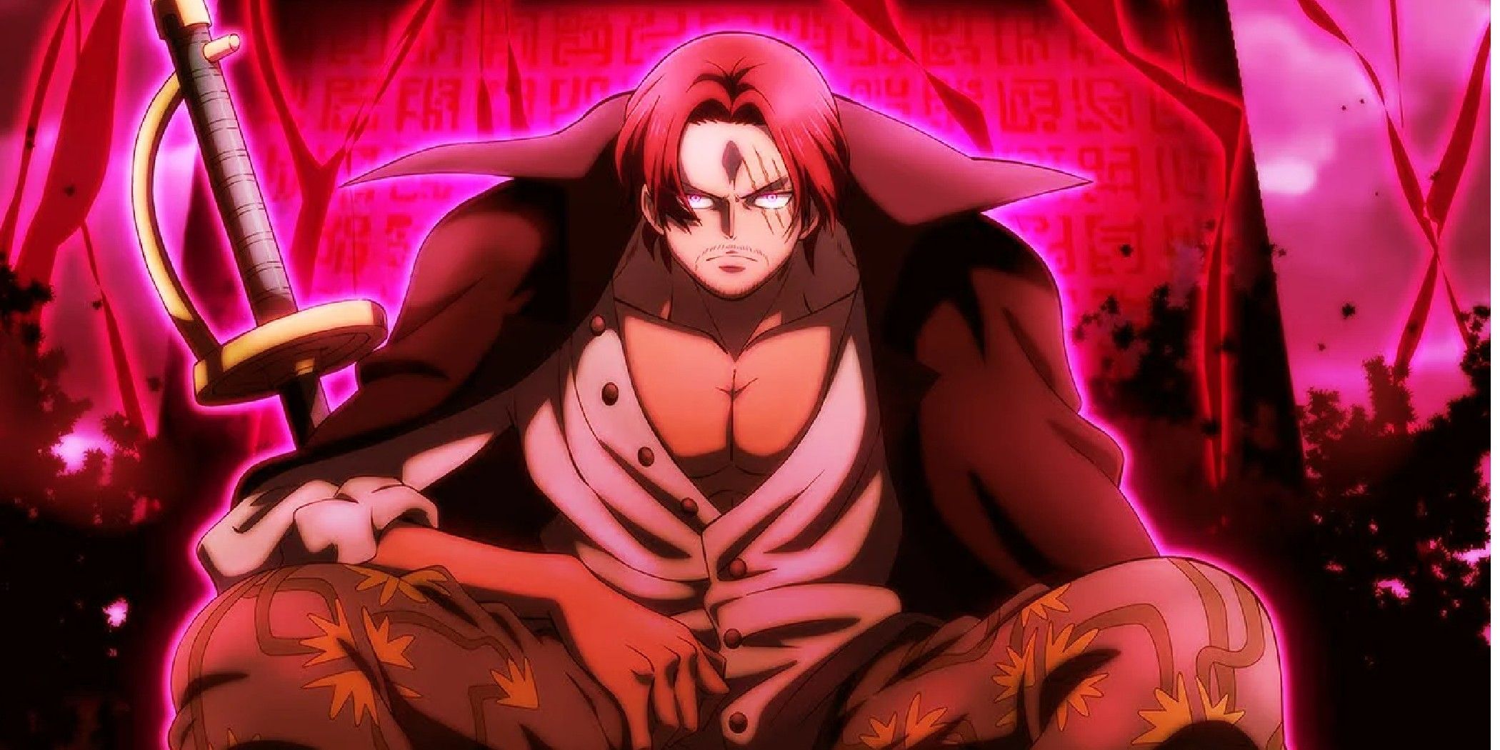 Shanks using his Haki in One Piece sitting down in front of a red road poneglyph looking angry