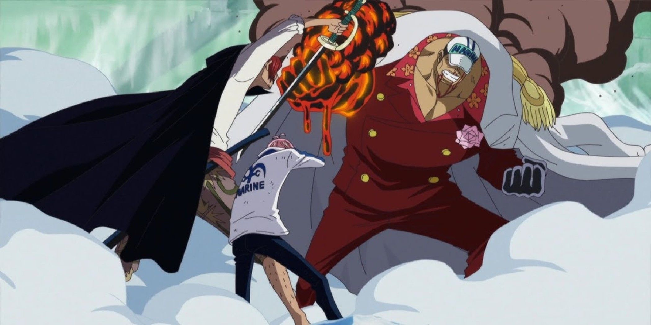 Shanks stops Akainu from attacking Koby in One Piece