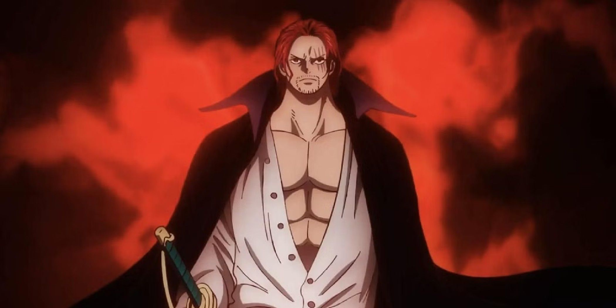 Shanks in one piece looking determined against a red background