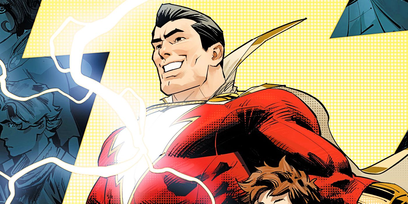 Shazam thrusts out his chest as lightning crackles off of him.