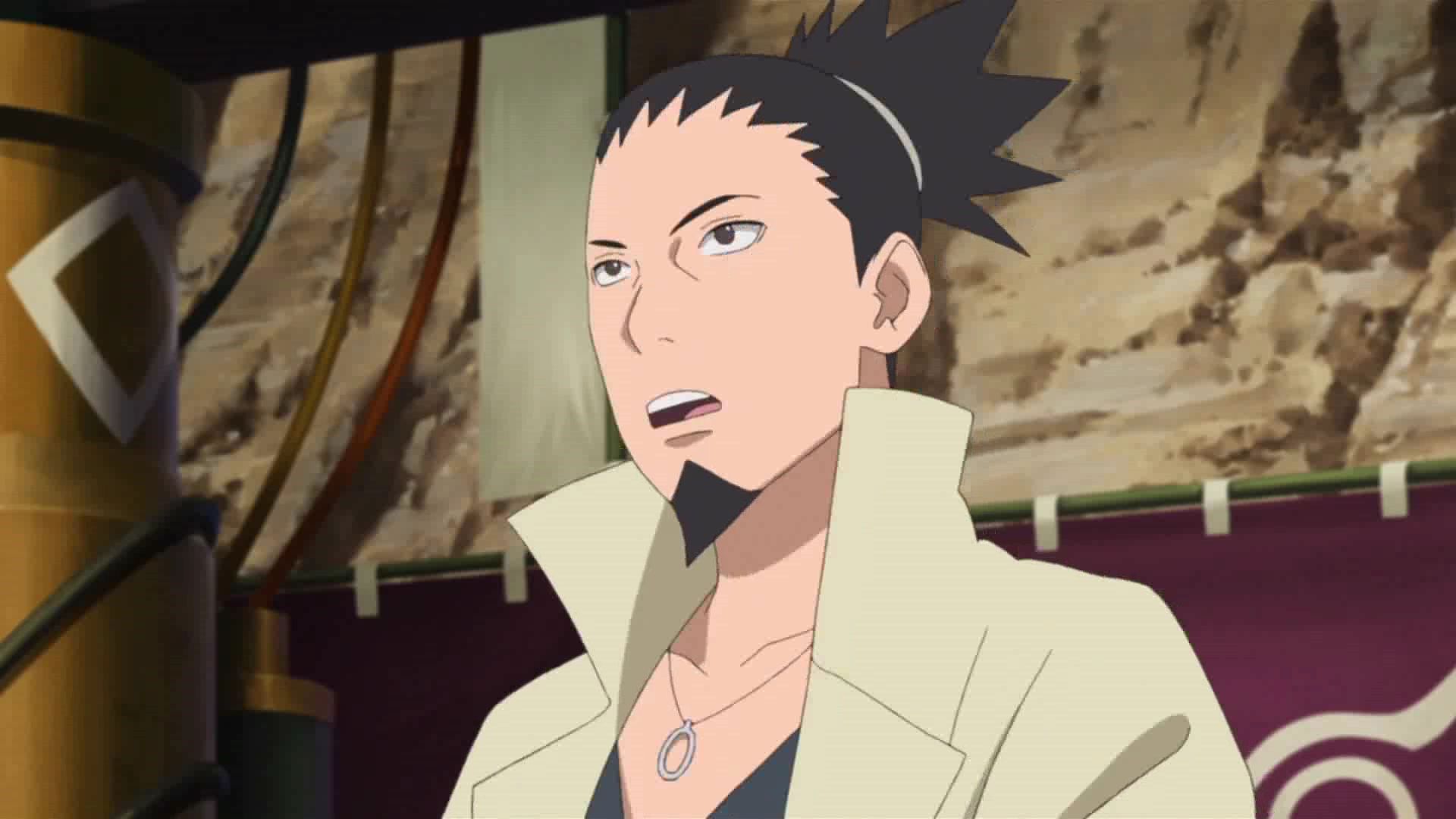 Screenshot from Boruto anime shows Shikamaru getting ready to speak to a group of students while standing in front of a Konoha banner.