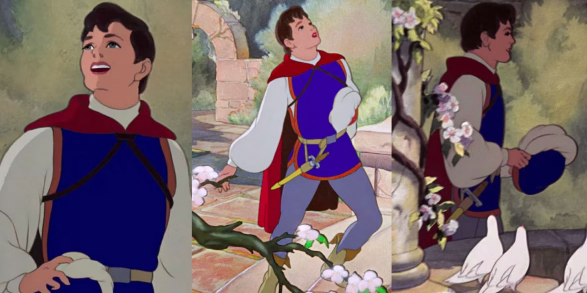 Side by side images feature three angles of Prince Florian in Snow White
