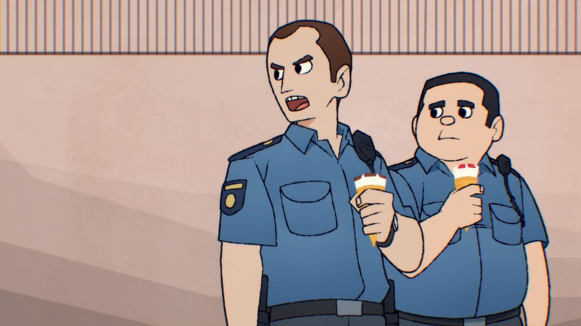 Screenshot from Scott Pilgrim Takes Off shows two security guards holding Cornetto ice cream cones.