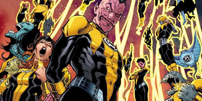 Sinestro and the Yellow Lanterns float together in a DC comic