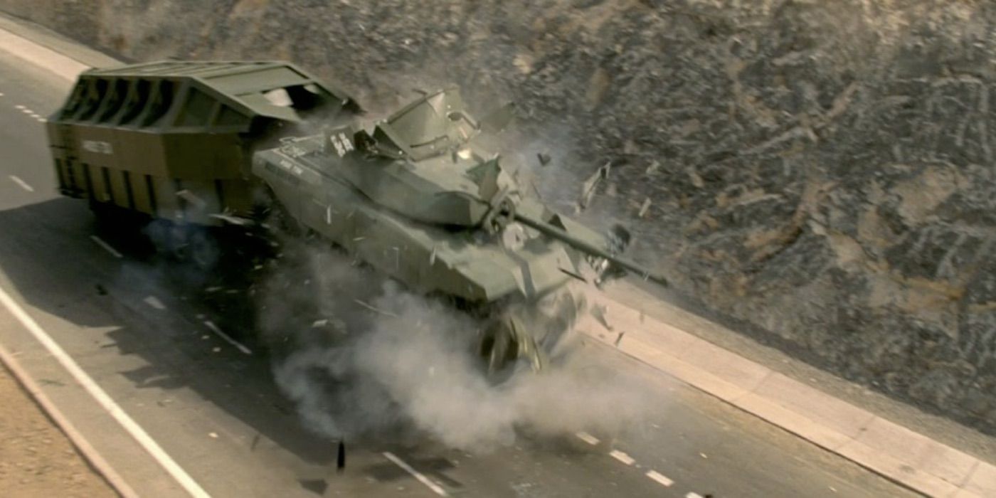 A tank bursting from inside a truck in Fast and Furious 6. 