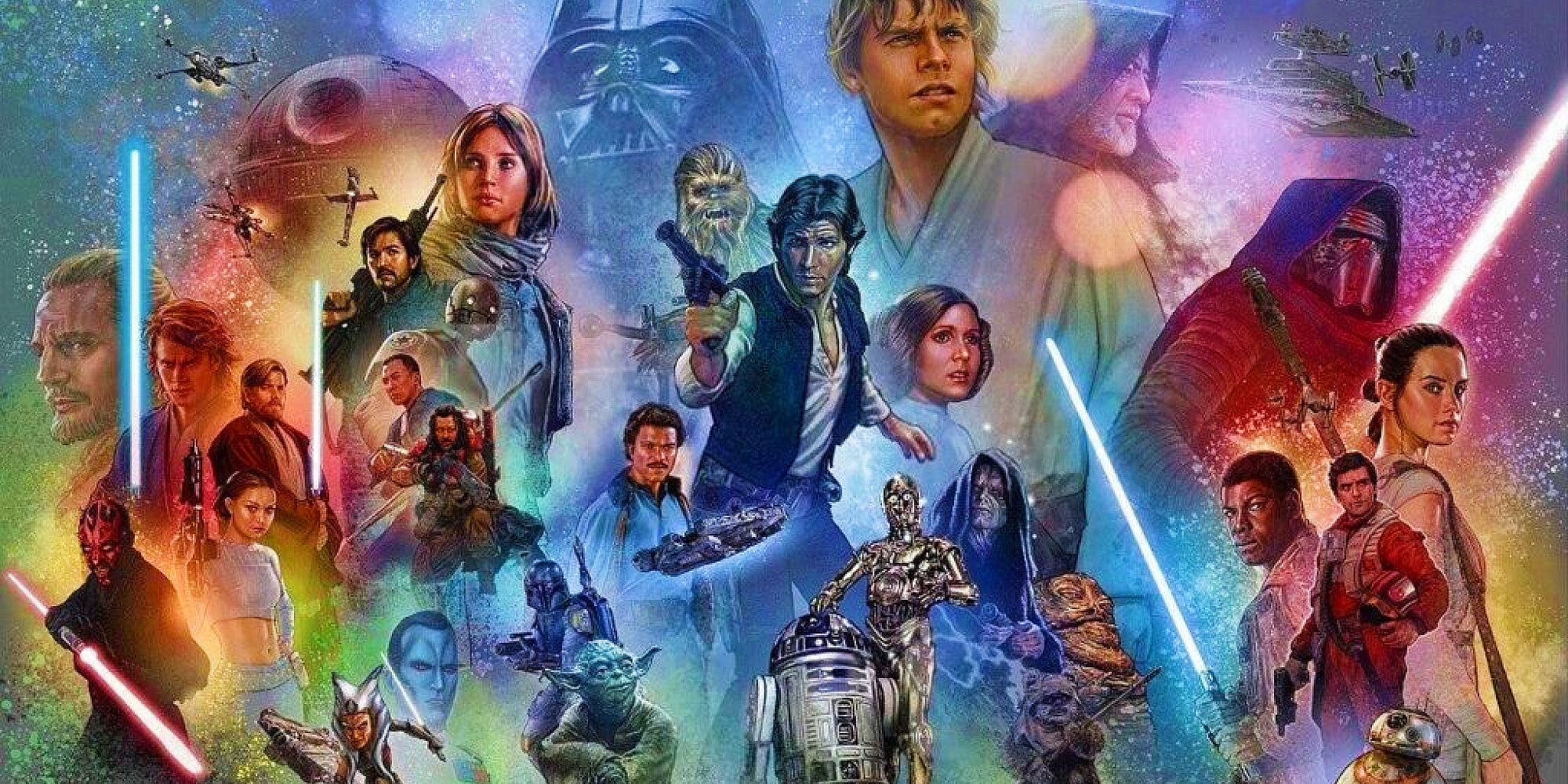 A mural of the Skywalker Saga depicting the main characters of the prequel, original, and sequel Star Wars trilogies