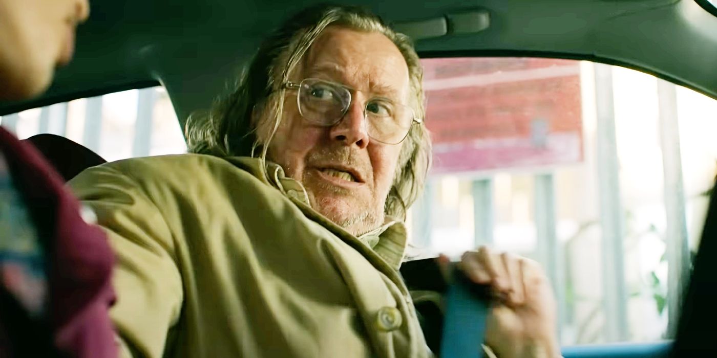 Gary Oldman putting on a seatbelt as Jackson Lamb in Slow Horses season 3.