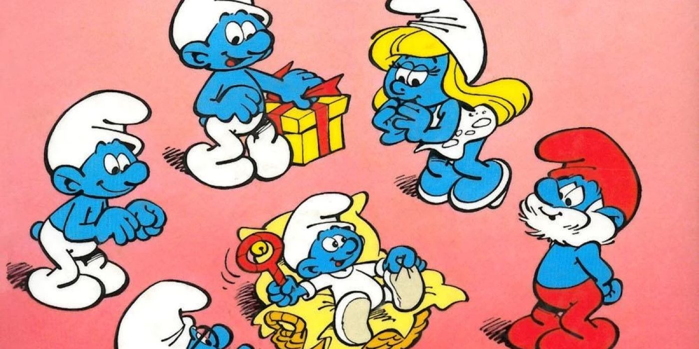 Smurfette, Papai Smurf e outros Smurfs em volta de um bebê Smurf.