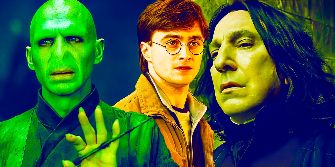 A composite image showing Ralph Fiennes as Voldemort, Daniel Radcliffe as Harry Potter, and Alan Rickman as Severus Snape. 