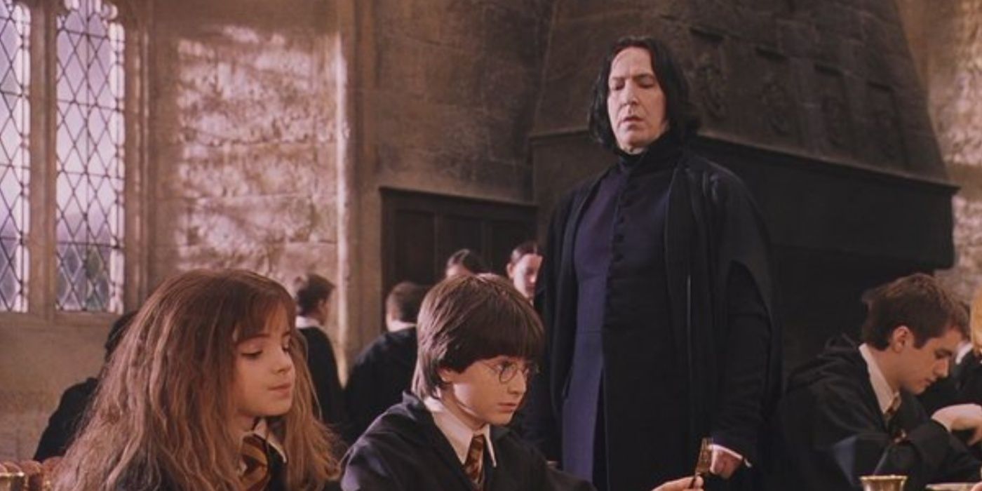 Snape walking up to Harry Potter.