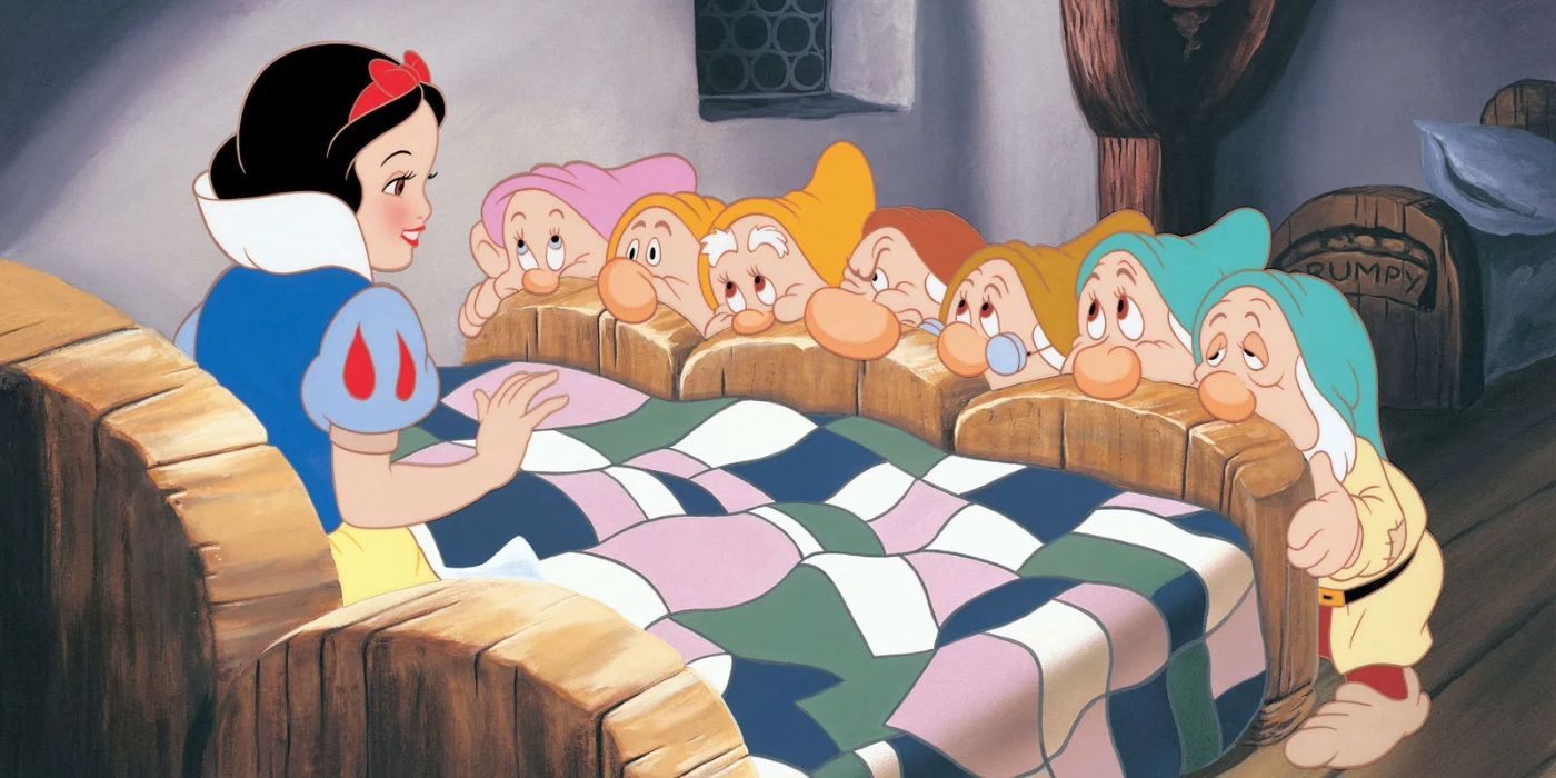 Snow White sitting in a bed and the Seven Dwarfs watching her