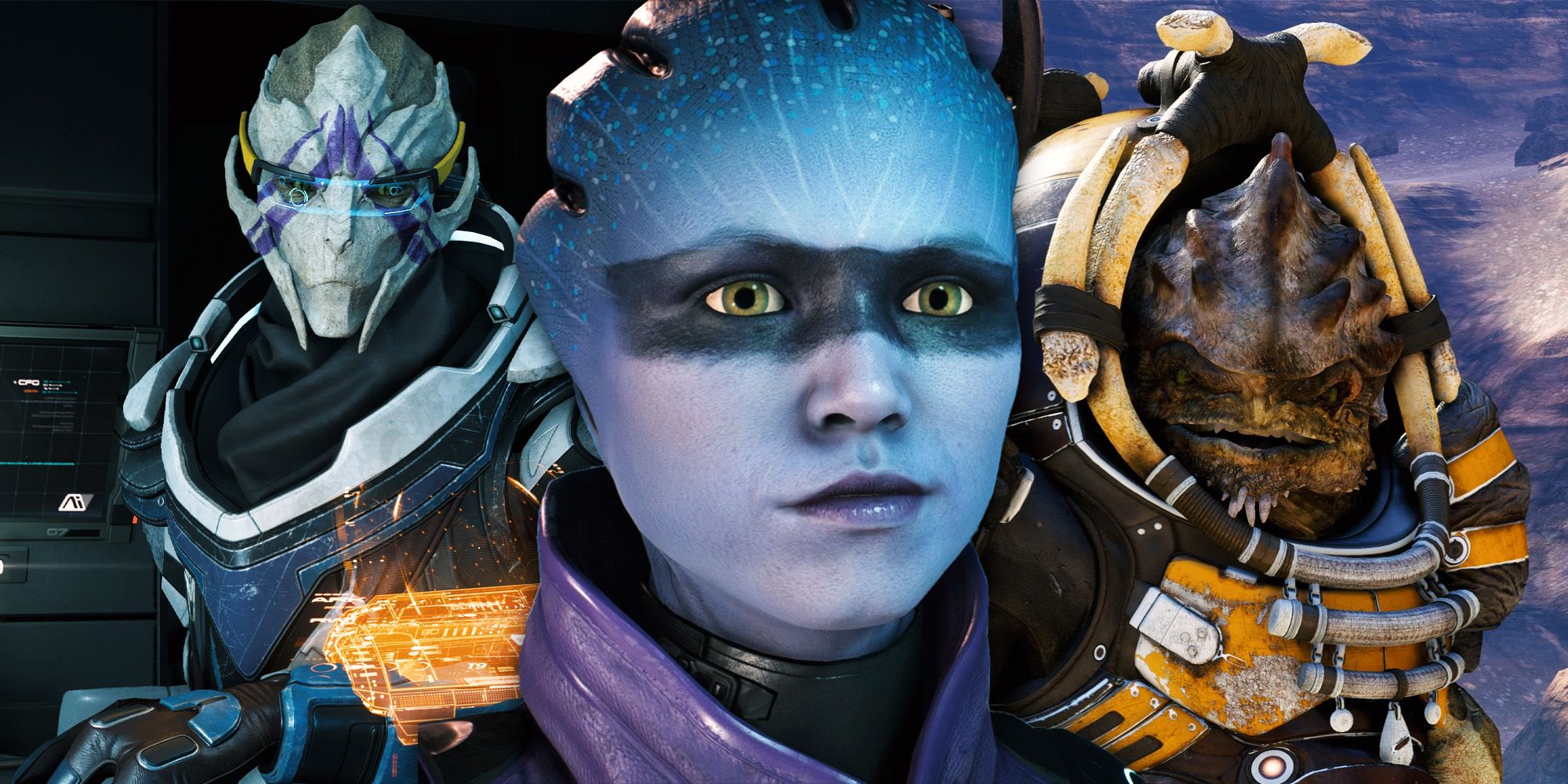 Peebee, Drack, and Vetra from Mass Effect Andromeda.