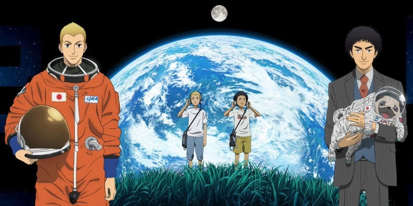 Space Brothers Nanba Mutta and Hibito standing in front of Earth, next to their childhood selves