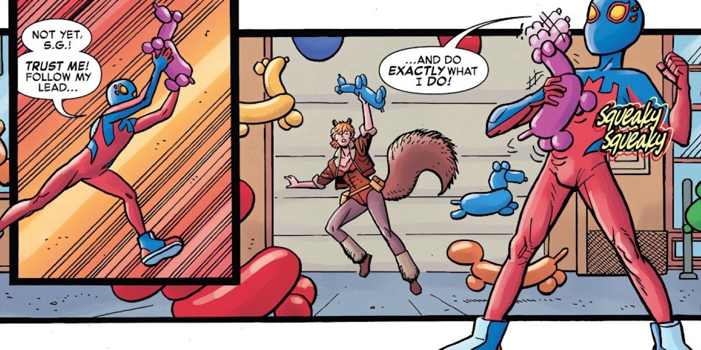 Spider-Boy #1, Spider-Boy and Squirrel Girl work together to stop Balloon Man