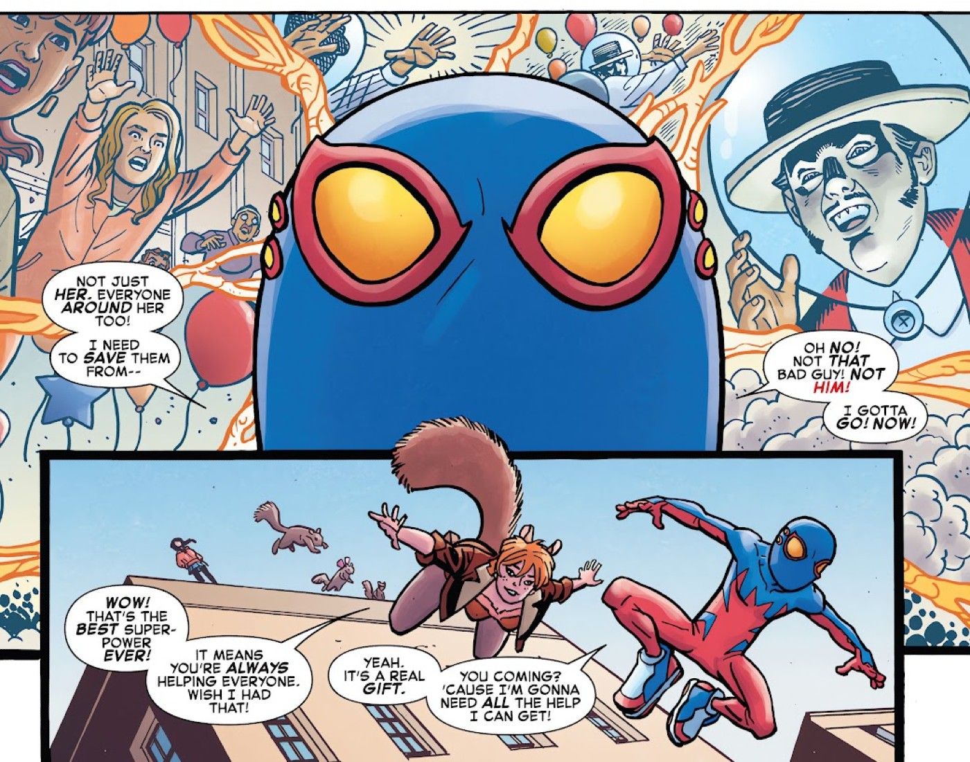 panels from Spider-Boy #1, Spider-Boy&rsquo;s Spider Sense goes off about Balloon Man, Squirrel Girl joins him