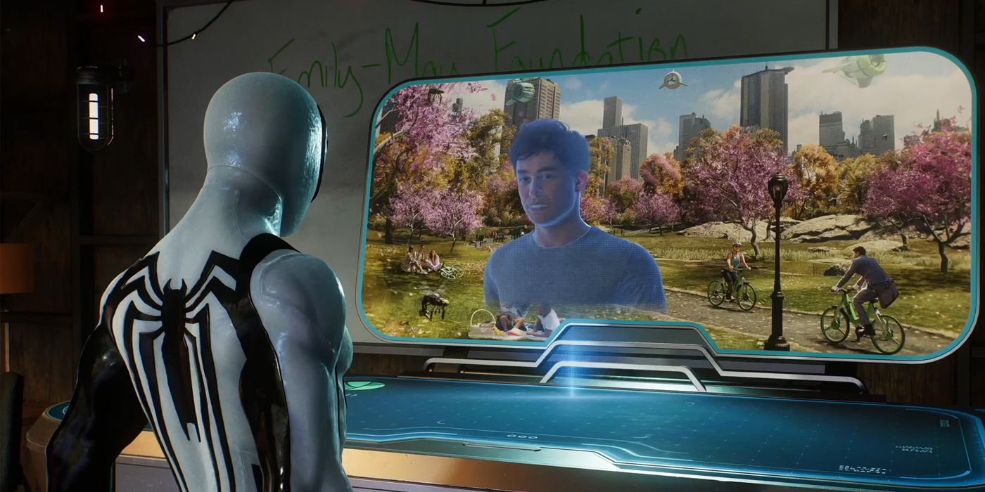 Peter (in his Anti-Venom suit) watches as a hologram of Harry Osborn reveals a simulation of a new plant growing in New York
