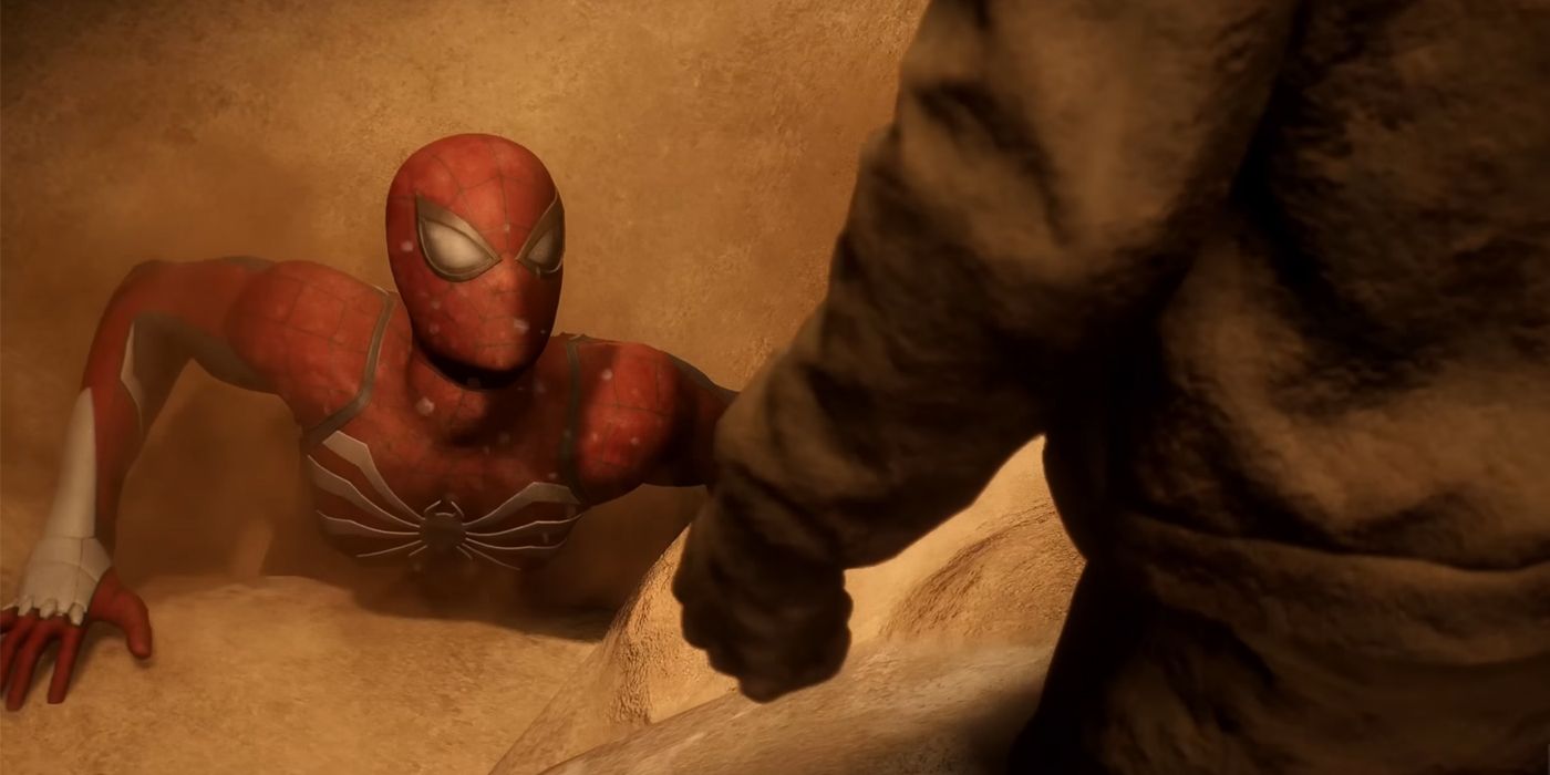 Peter sinks into a pile of sand as Sandman watches over him