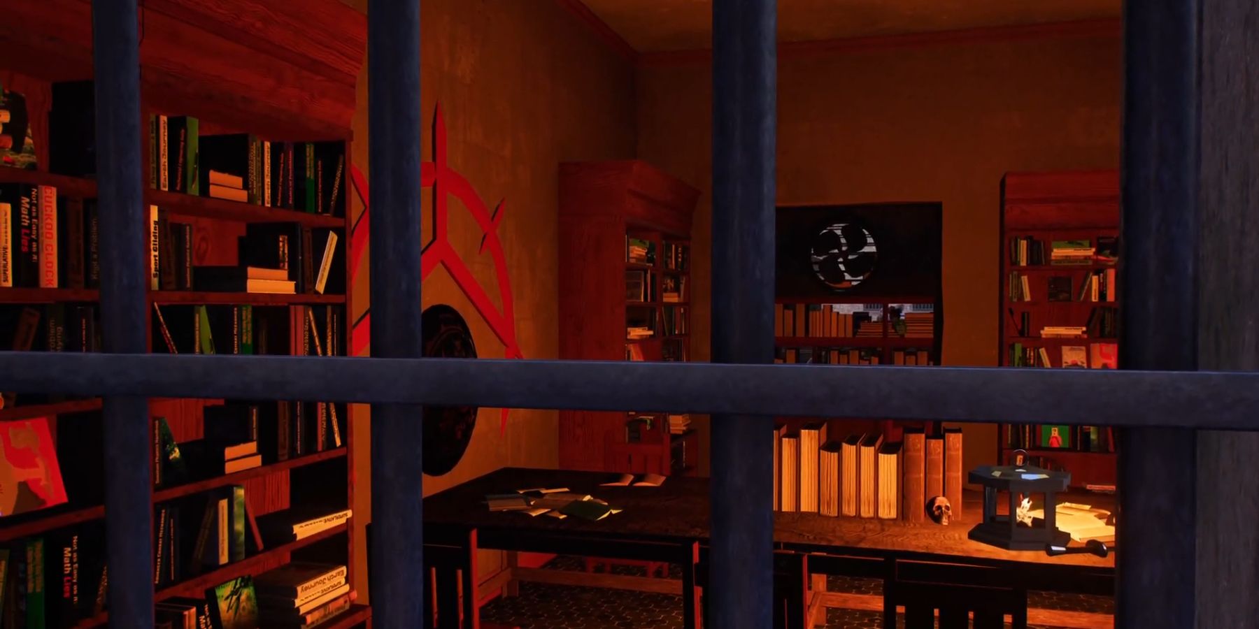 The camera is looking through a barred window at a room full of books and weapons. A black and red symbol resembling and eye is on the wall.