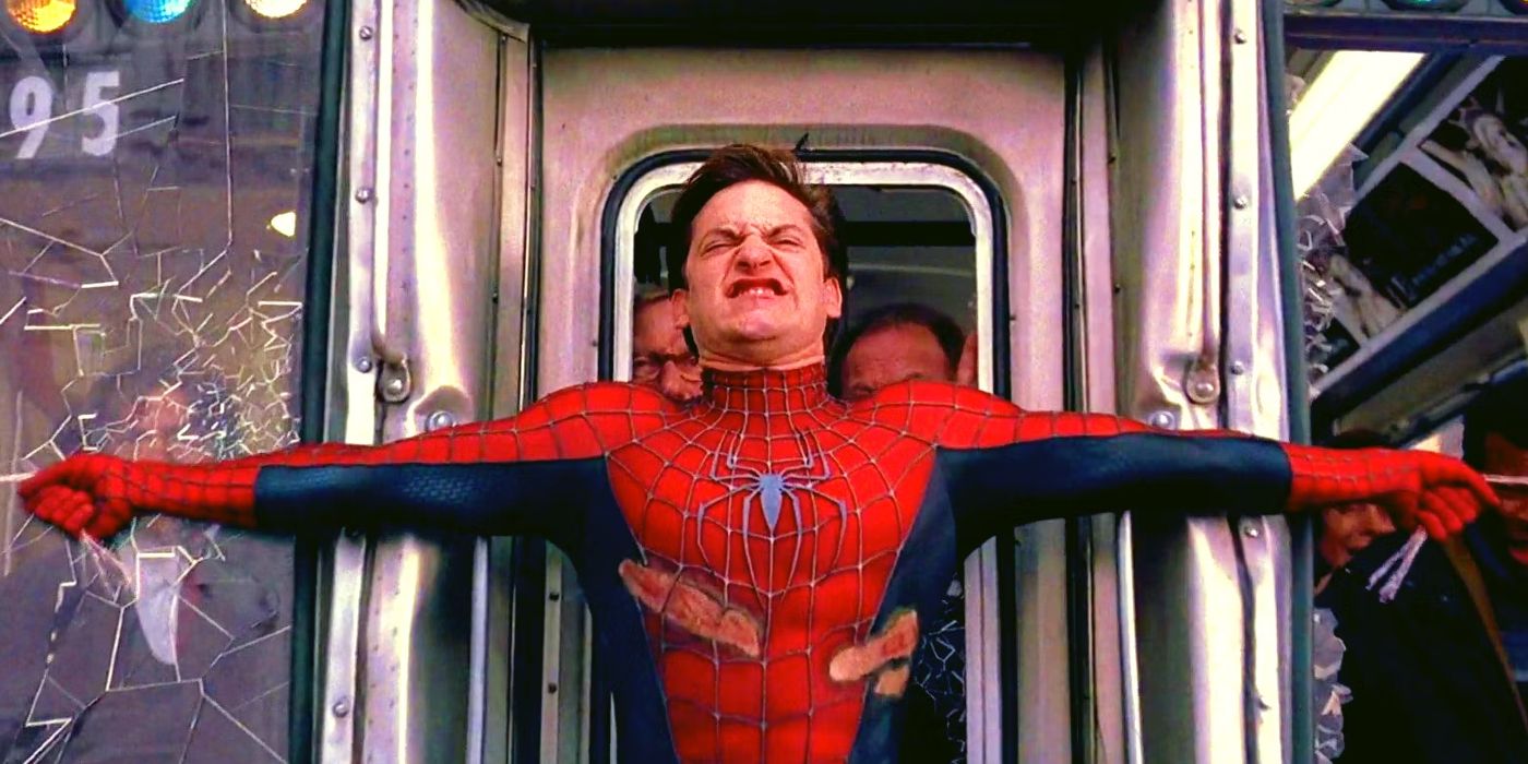 Tobey Maguire as Spider-Man stopping the train in Spider-Man 2