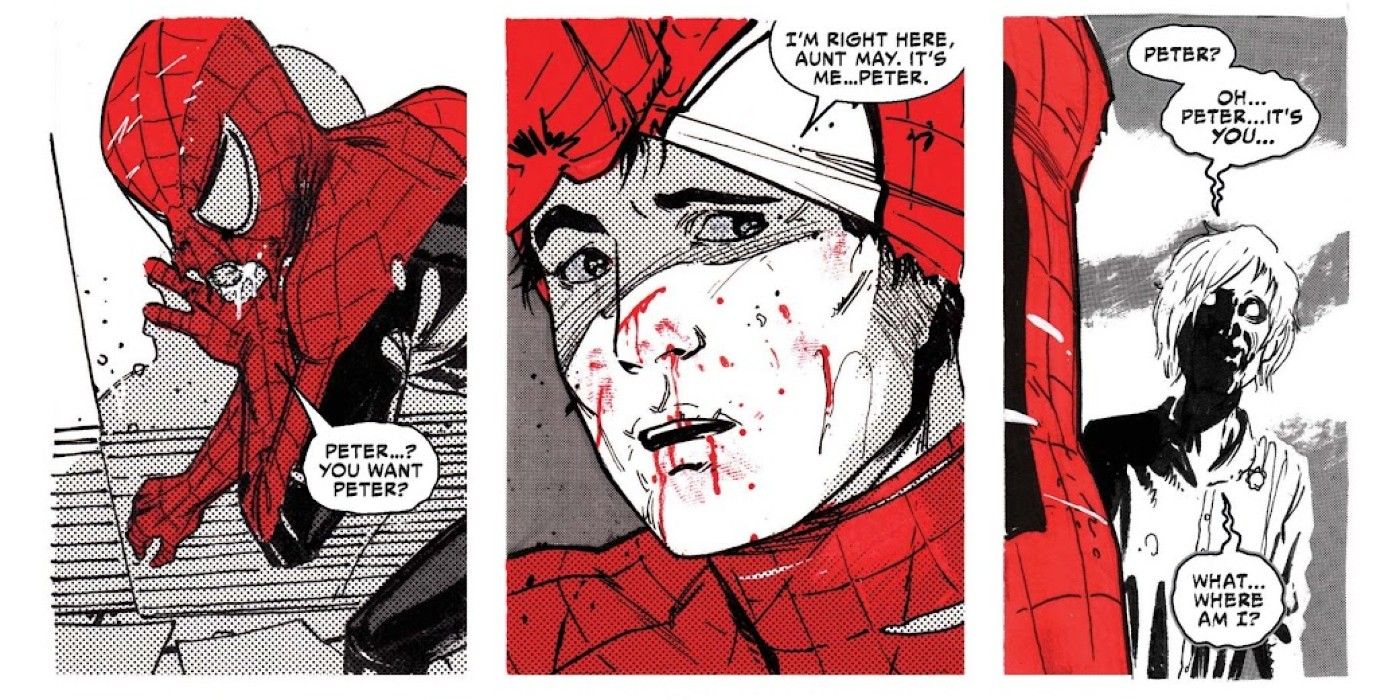 panels from Marvel Zombies: Black, White & Blood #1, Spider-Man gets through to zombie Aunt May