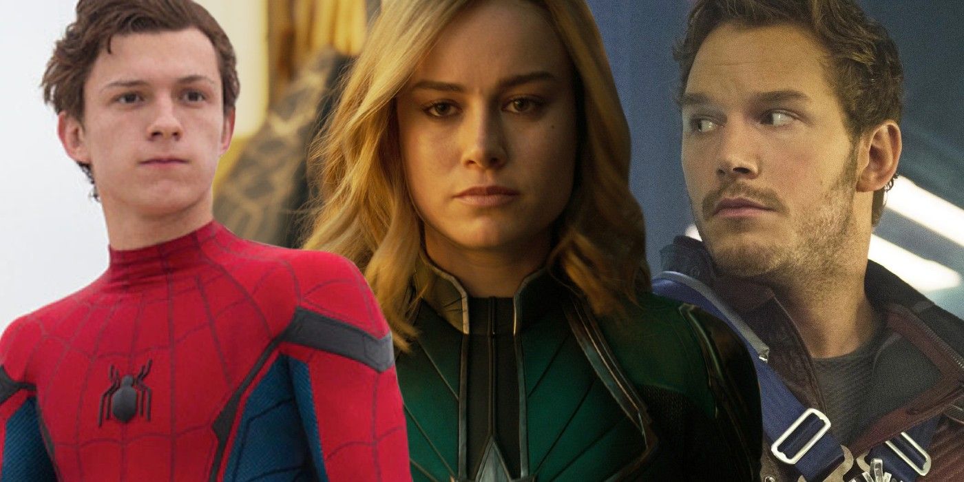 Spider-Man (Holland) Captain Marvel (Larson) and Star-Lord (Pratt) from the MCU lined up in a custom split image