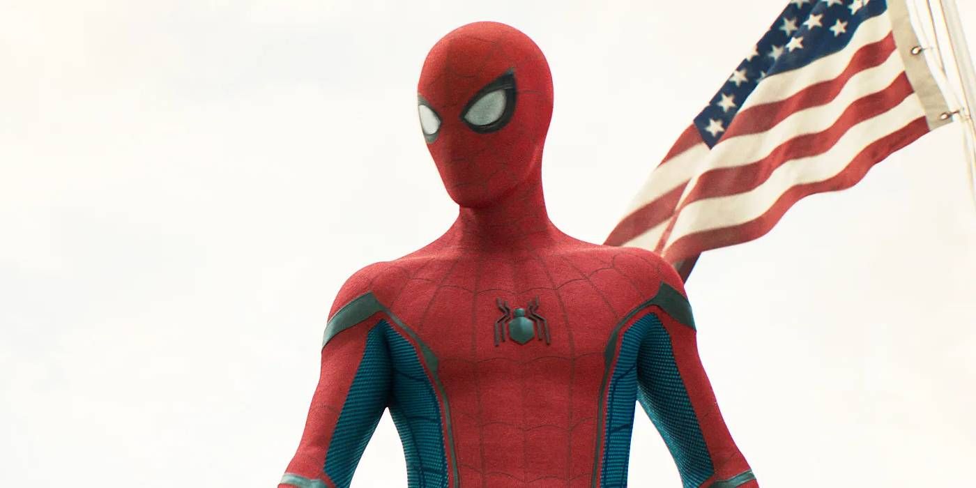 Tom Holland's Spider-Man stands in front of an American flag in Spider-Man: Homecoming