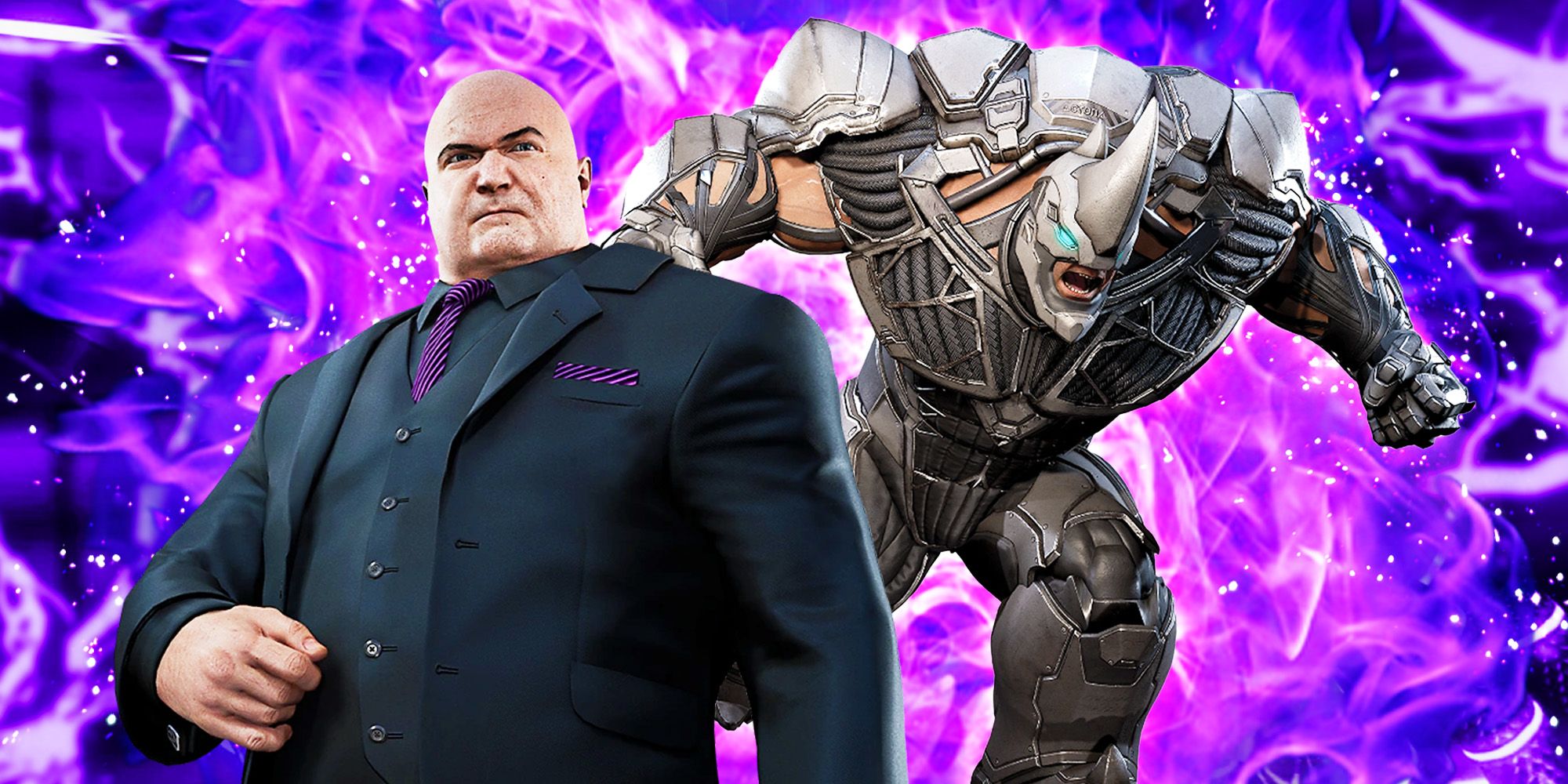 Wilson Fisk, aka Kingpin, and Rhino, from Marvel's Spider-Man: Miles Morales, posing in front of a bright purple background.