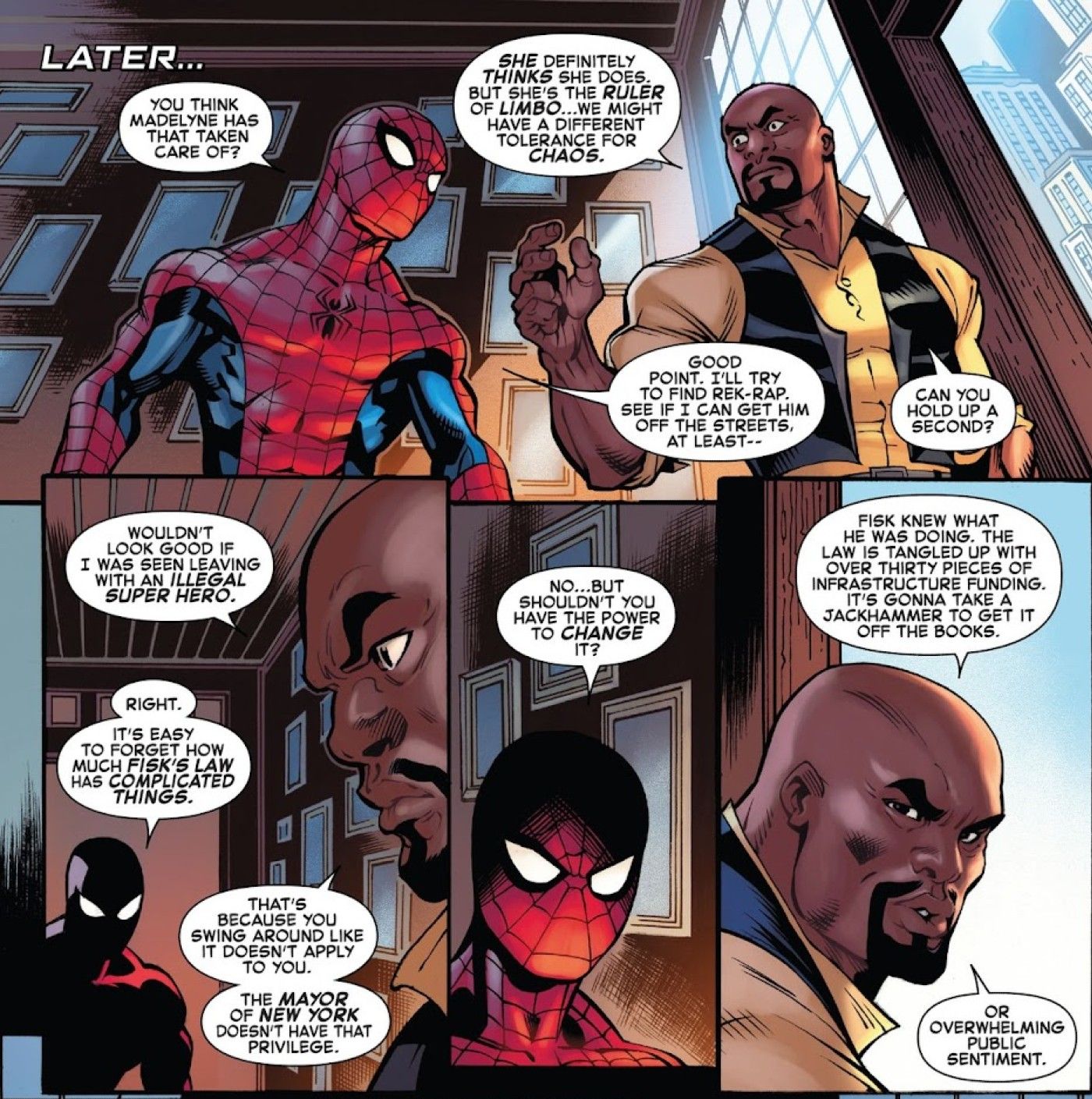 panels from The Amazing Spider-Man #36, Spider-Man talks to Mayor Luke Cage about politics of New York