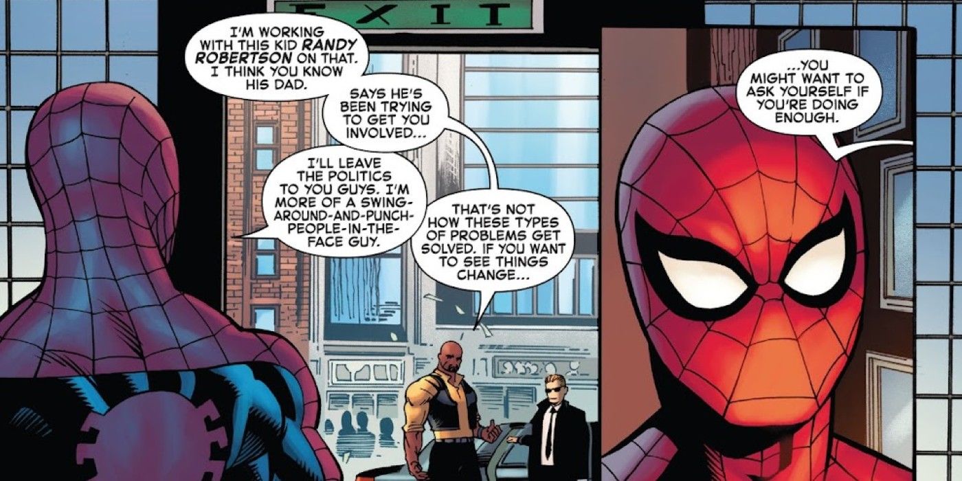 panels from The Amazing Spider-Man #36, Mayor Cage needs to pick a side