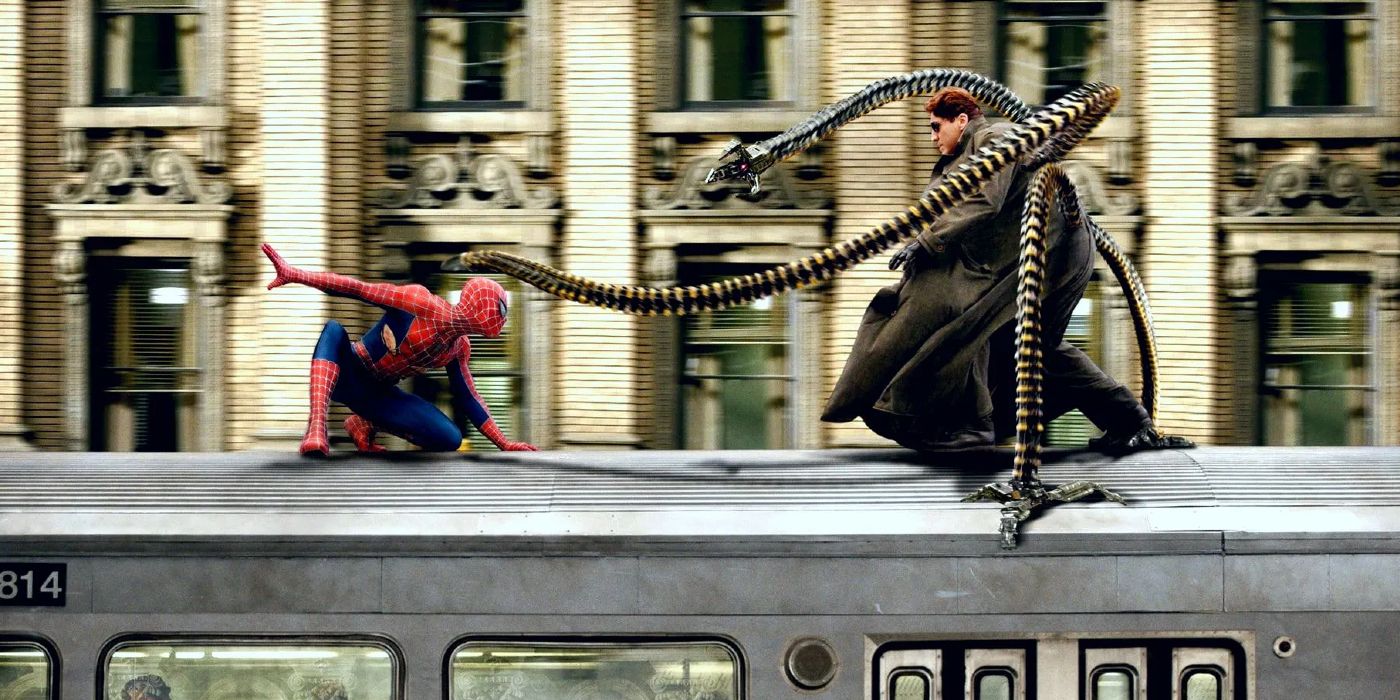 Spider-Man facing off against Doc Ock atop a train in Spider-Man 2