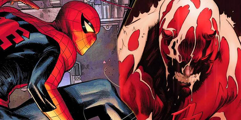 Spider-Man poses heroically on a rooftop while Daredevil growls like a beast in the rain.