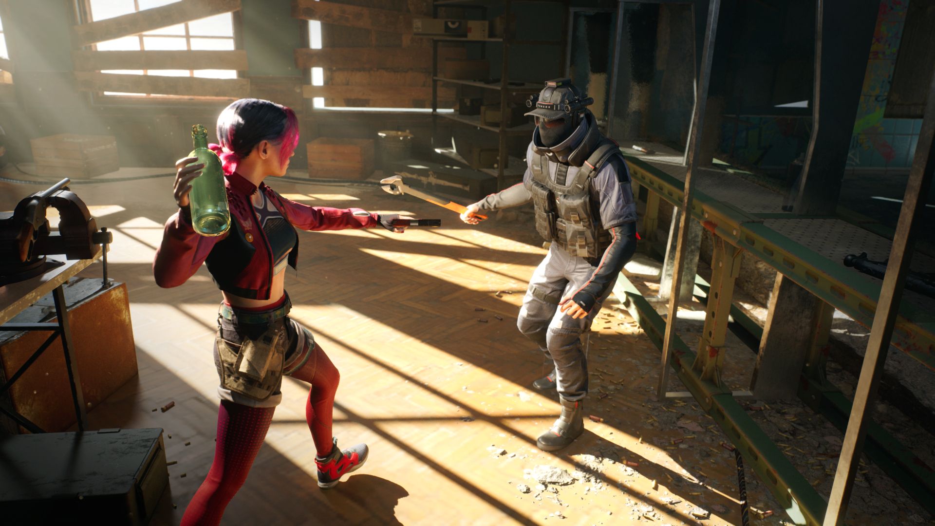 Screenshot from Spine gameplay trailer shows Redline preparing to smash a glass bottle into an enemy face while sunlight shines onto the bar&rsquo;s floor.