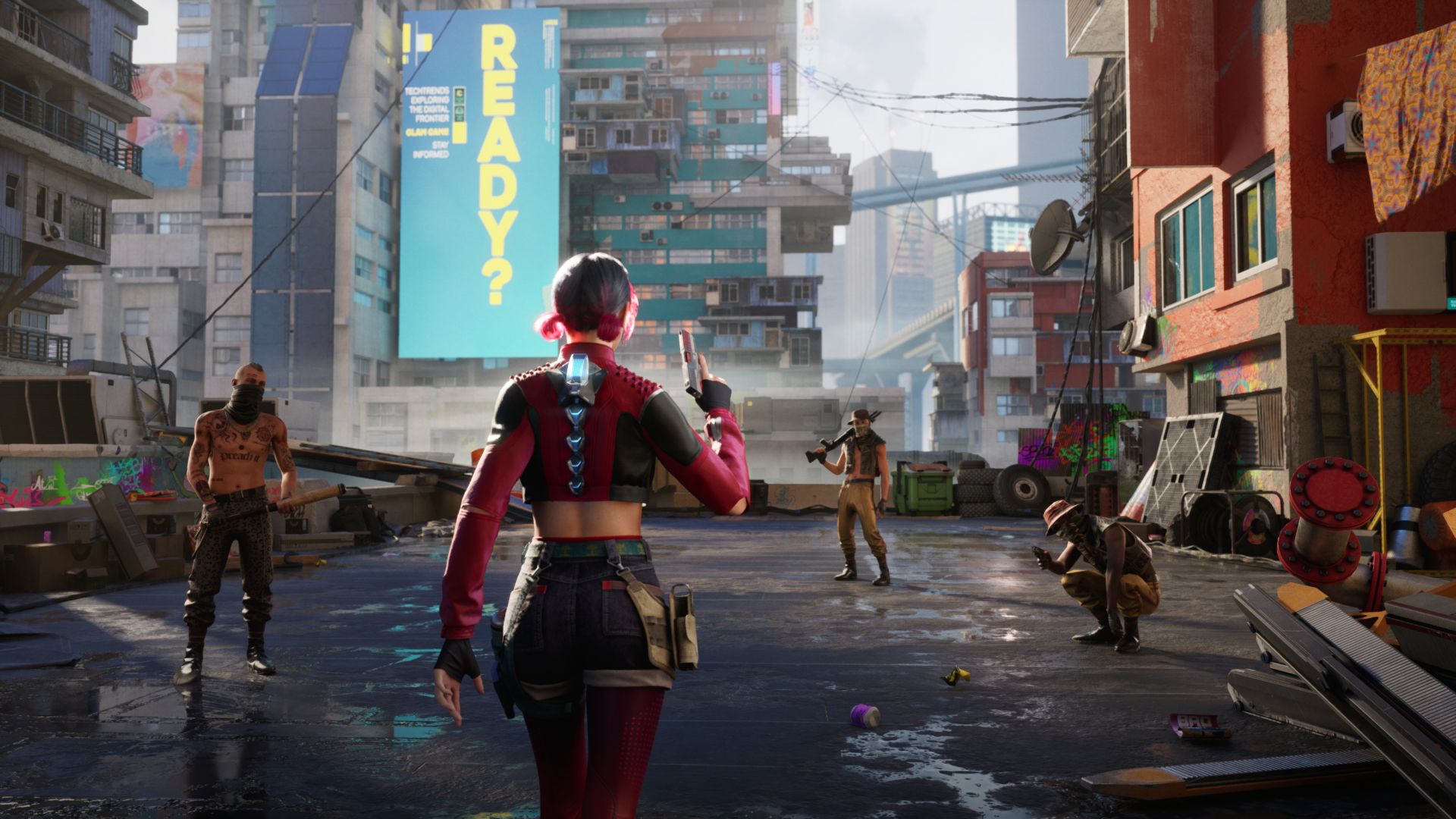 Screenshot from Spine gameplay trailer shows Redline approaching three enemies on a rooftop with a pistol in her hand.