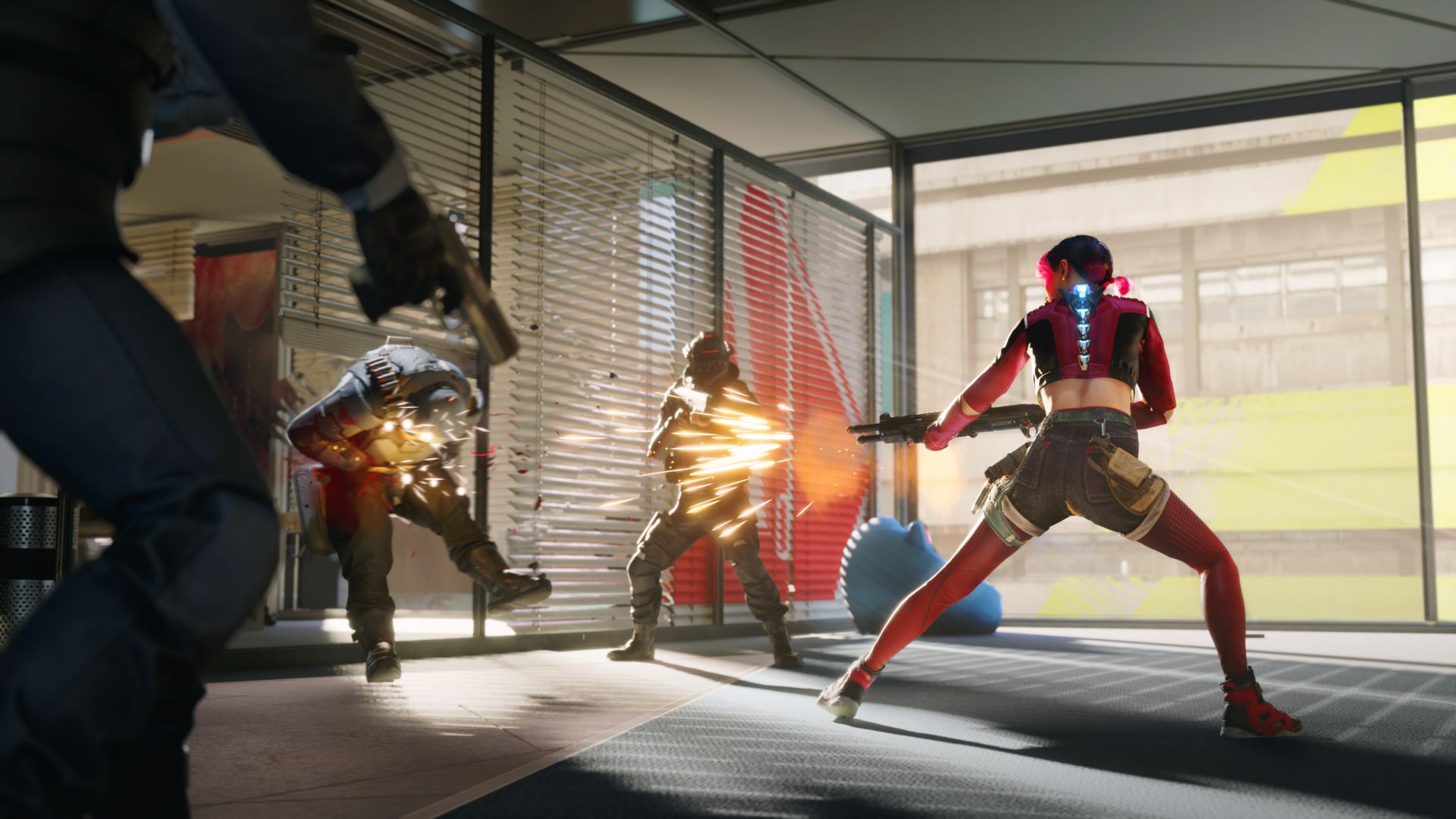 Screenshot from Spine gameplay trailer show main character Redline shooting an armored soldier through glass window pane with a shotgun in an office building