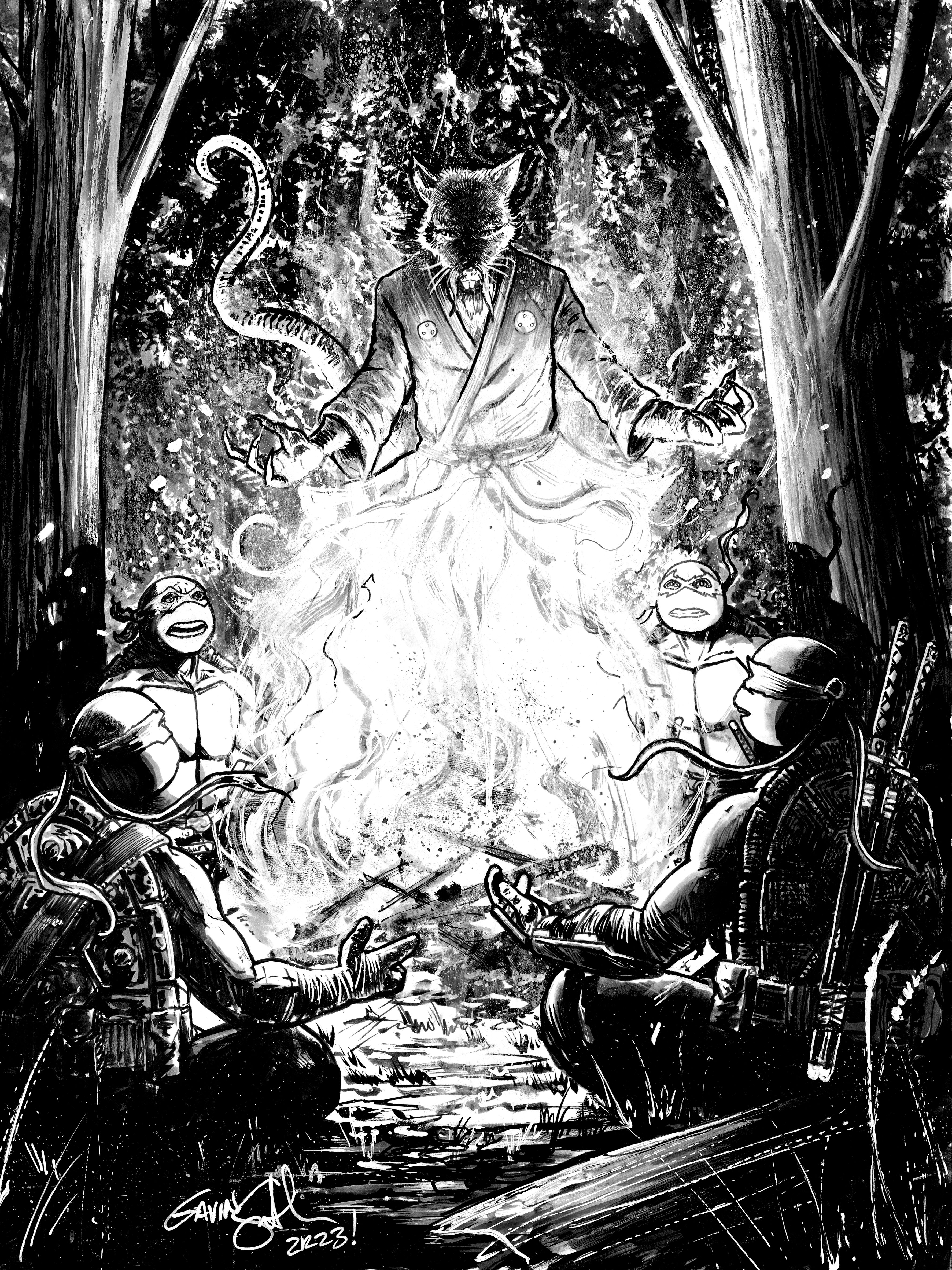 Splinter apparition in a campfire surrounded by his sons in black and white
