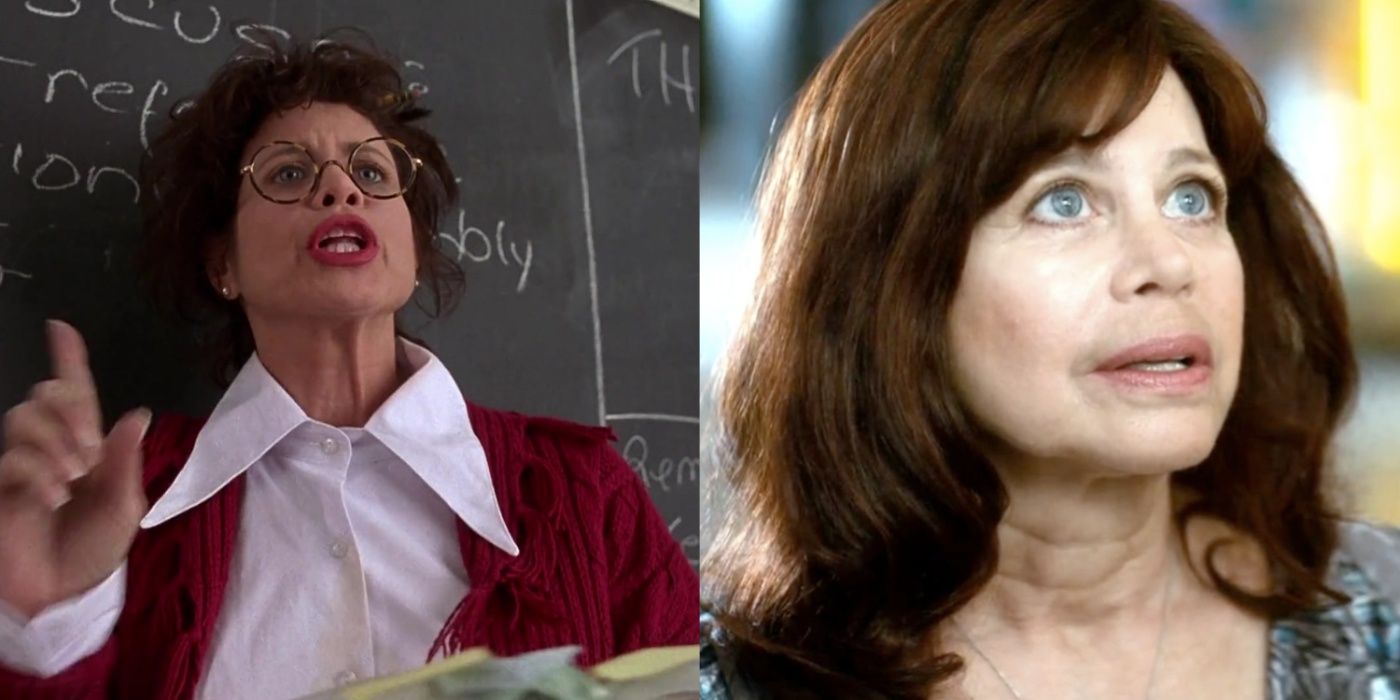 Split image of Twink Caplan as Miss Geist and Katie and Tim and Eric's Billion Dollar Movie.