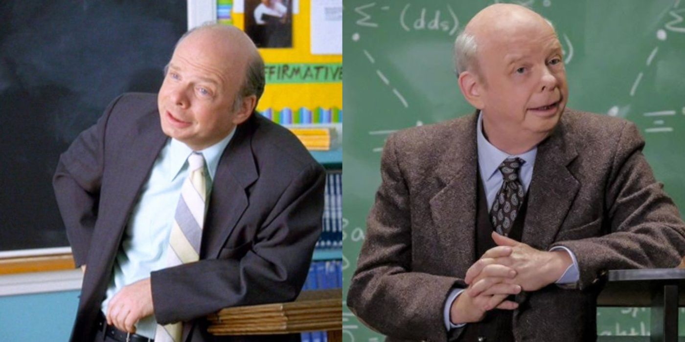Split image of Wallace Shawn as Mr. Hall and Dr. John Sturgis in Young Sheldon.