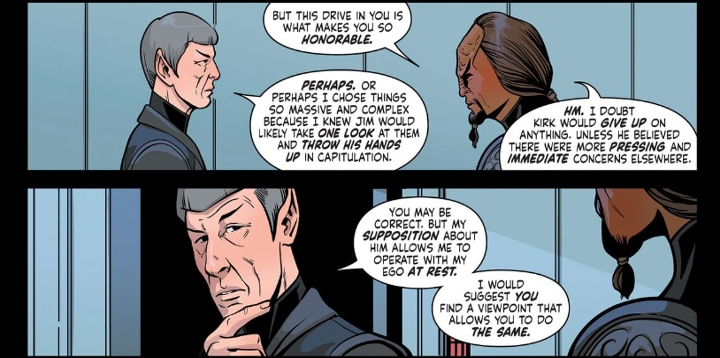 Defiant #9, Spock explains his dynamic with Jim Kirk to Worf