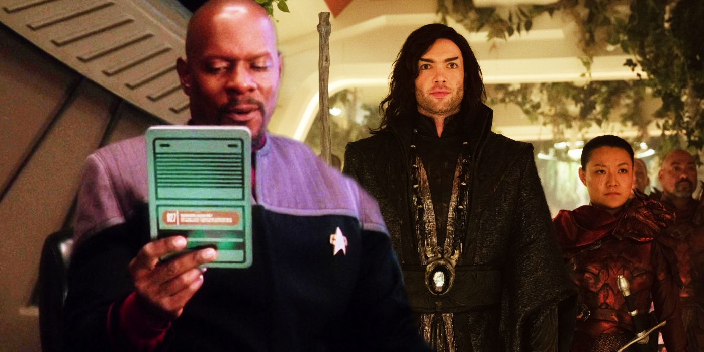 Sisko reads a PADD and Spock as the Wizard Pollux in Strange New Worlds