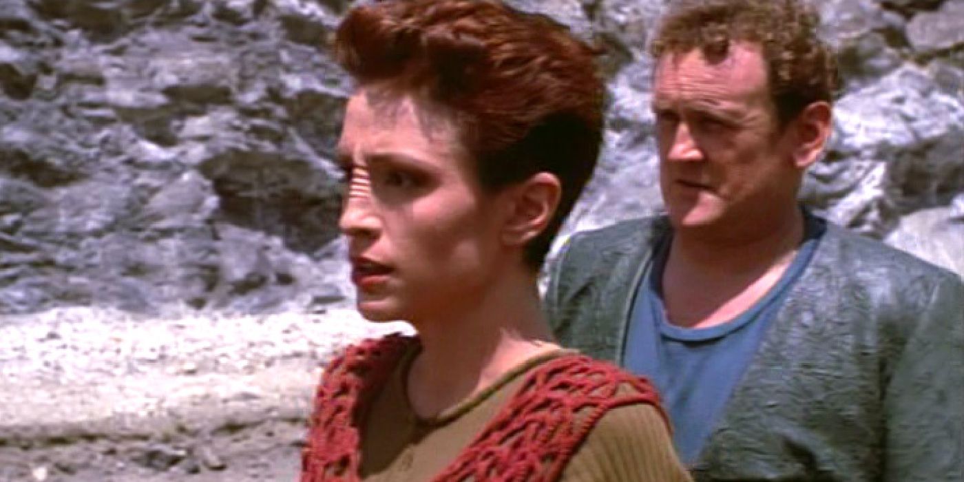 Kira and O'Brien stand in a desolate quarry