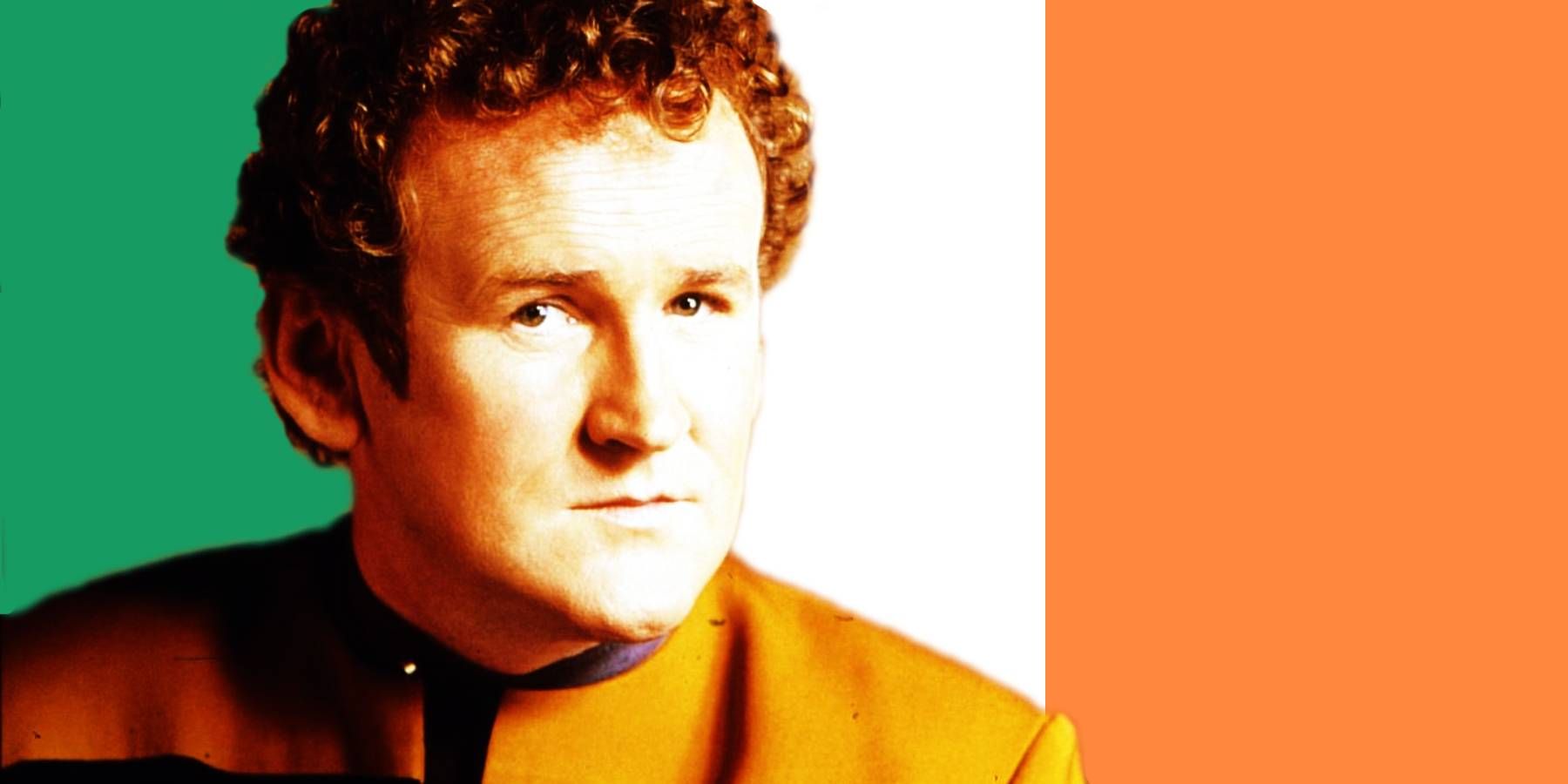 Colm Meaney as Chief O'Brien in front of an Irish flag