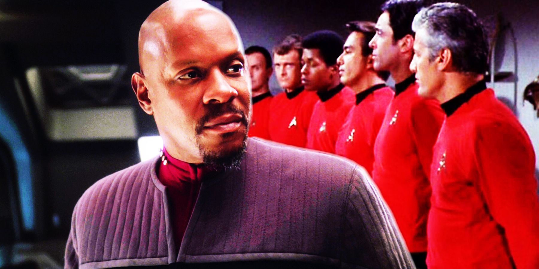 Capitán Sisko de DS9 y una fila de oficiales con camisa roja de Star Trek: TOS