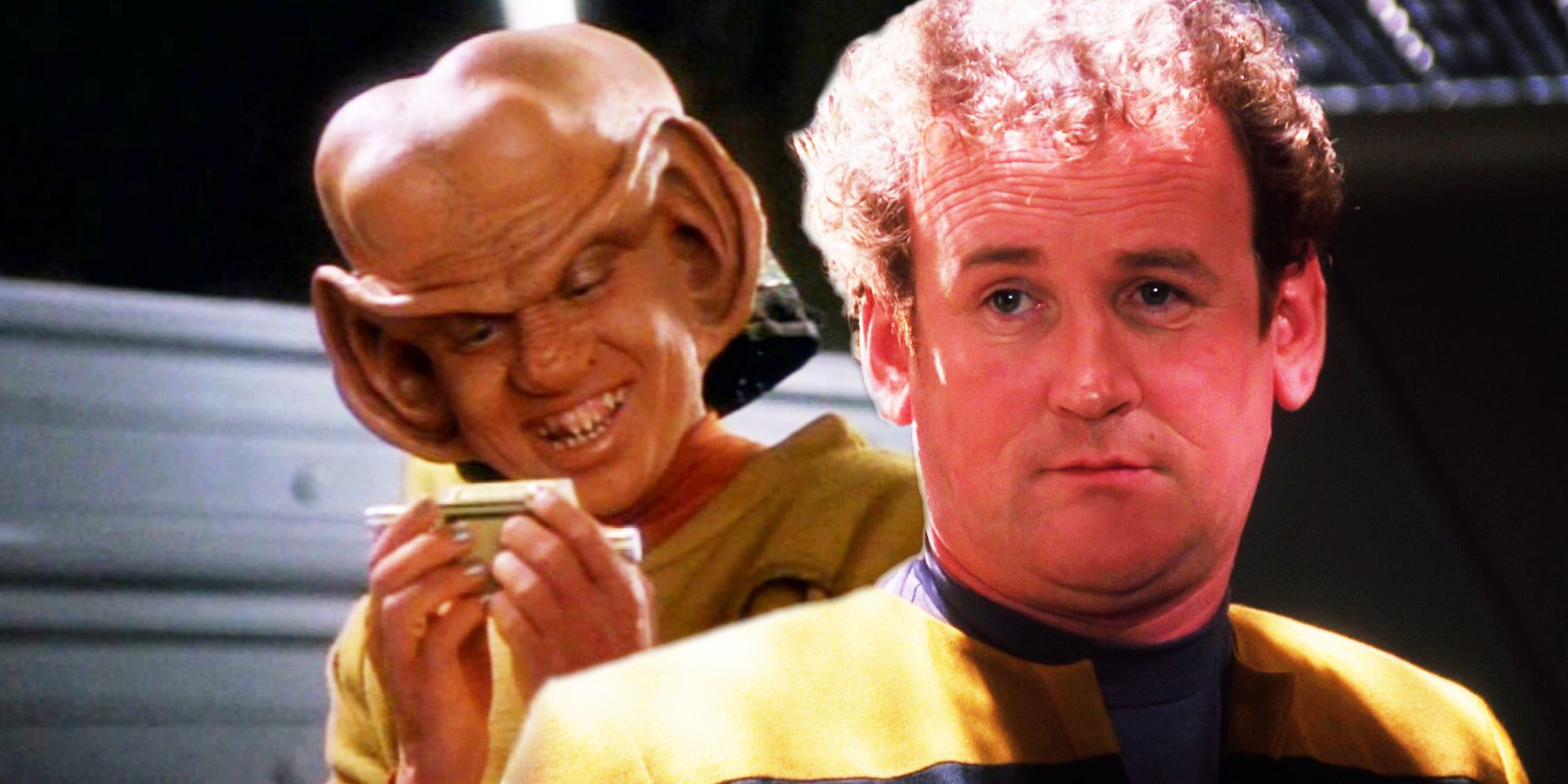 Nog holds a self-sealing stem bolt while Chief O'Brien looks skeptical