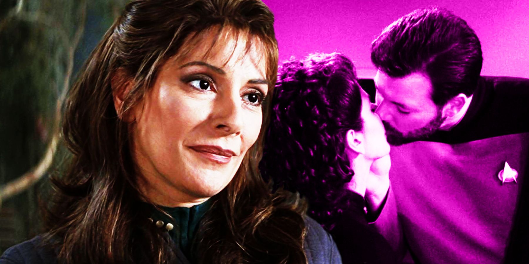 Deanna Troi in Insurrection and Troi and Tom Riker kiss in TNG