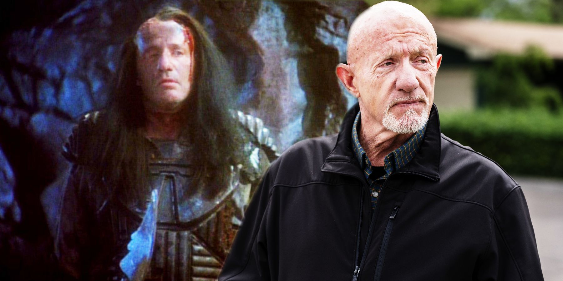 Jonathan Banks in leathers, long hair and holding a knife in Star Trek, Banks years later in black jacket and plaid shirt as Mike in Breaking Bad