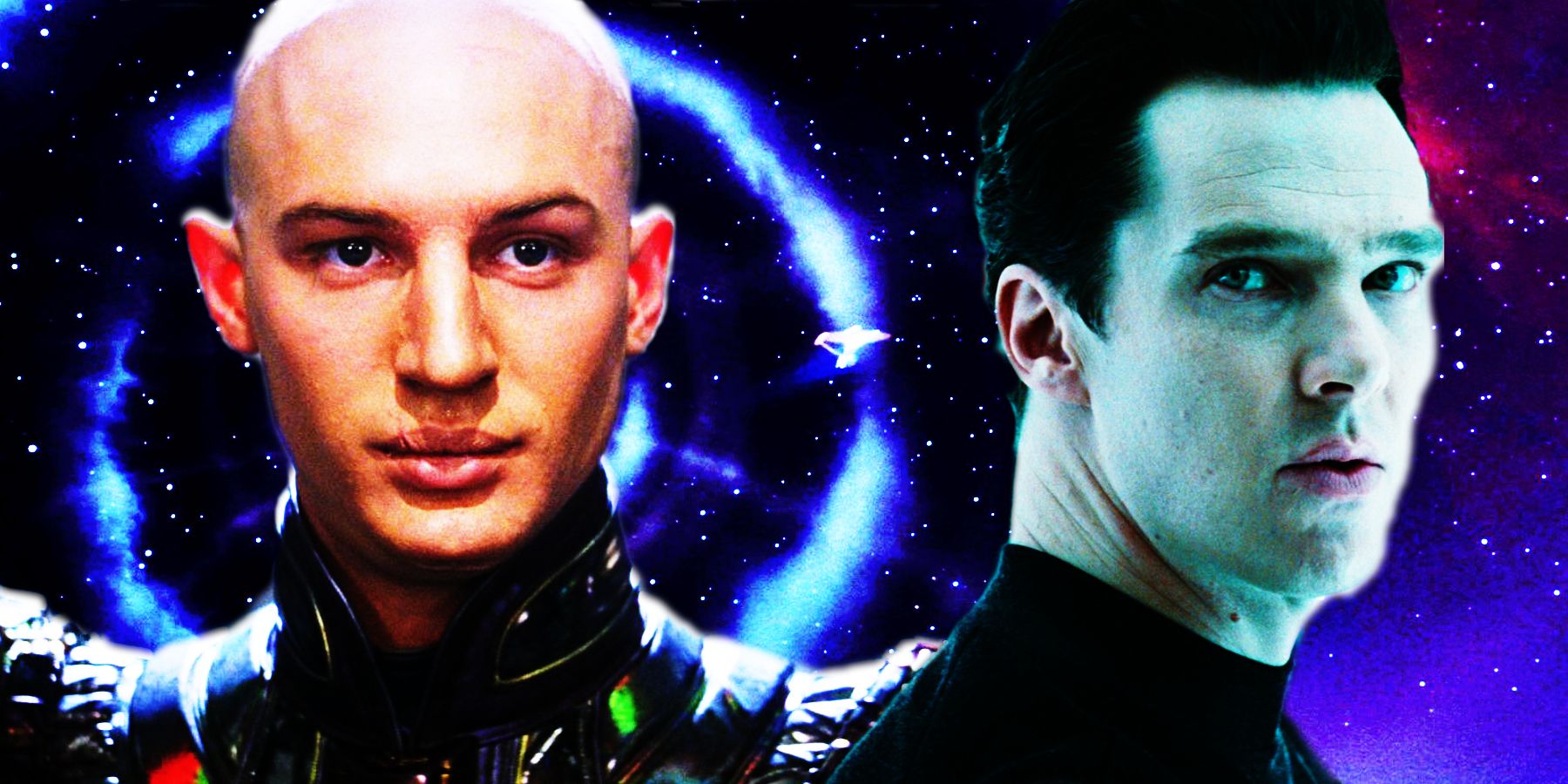 Tom Hardy as Shinzon and Benedict Cumberbatch as Khan in front of a starfield