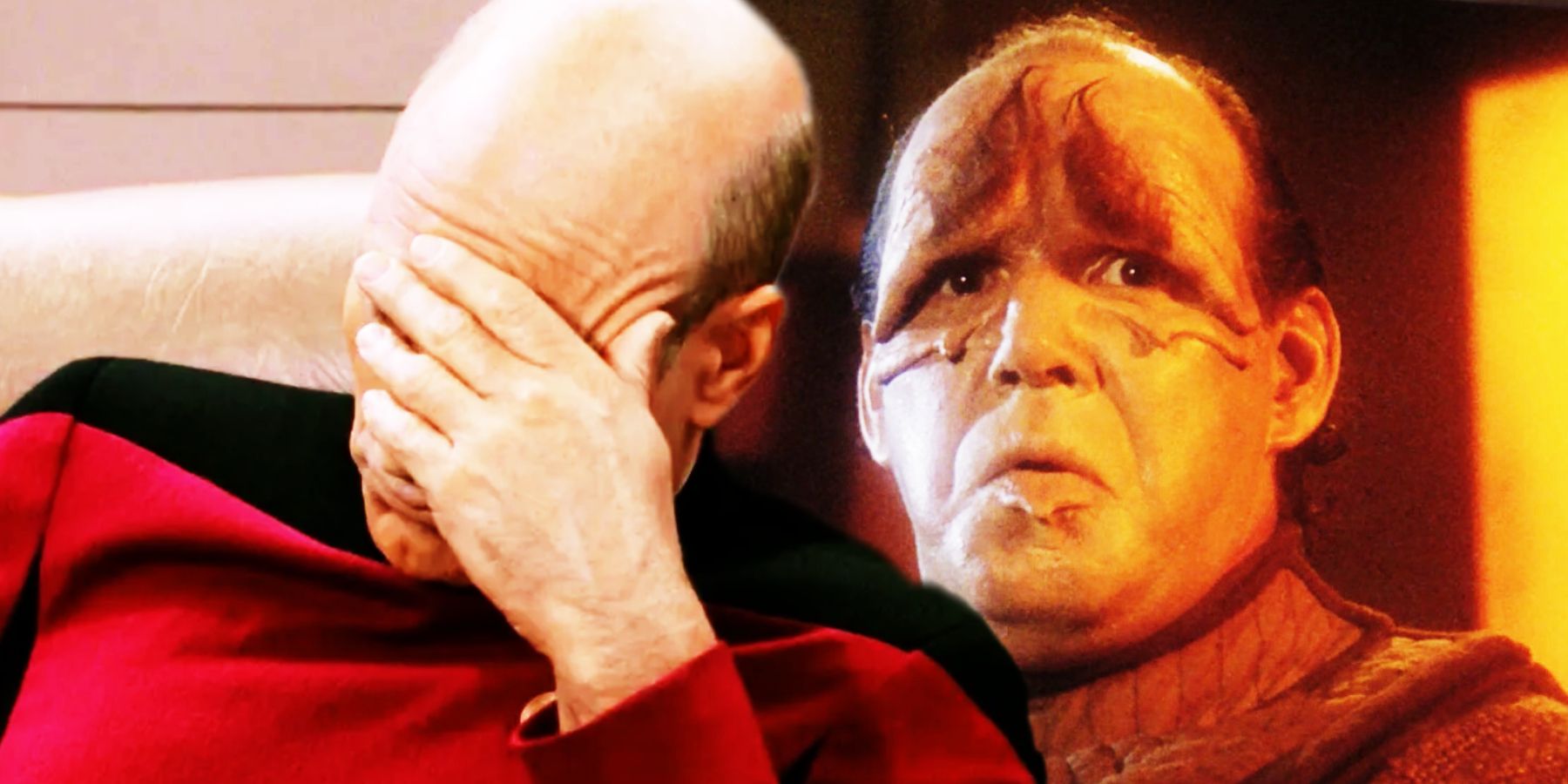 Captain Picard puts his head in his hands as a Pakled looks confused.